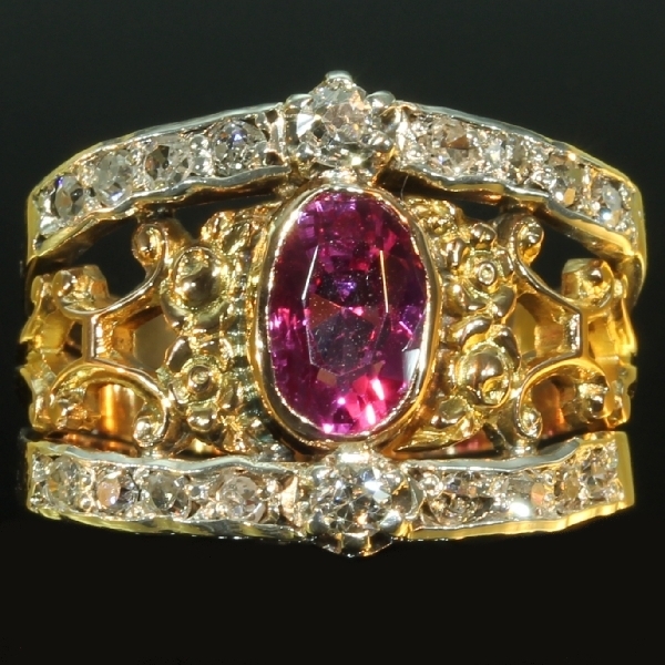 Antique Victorian Engagement Ring With Pink Tourmaline And Rose Cut Diamonds Description By 3072